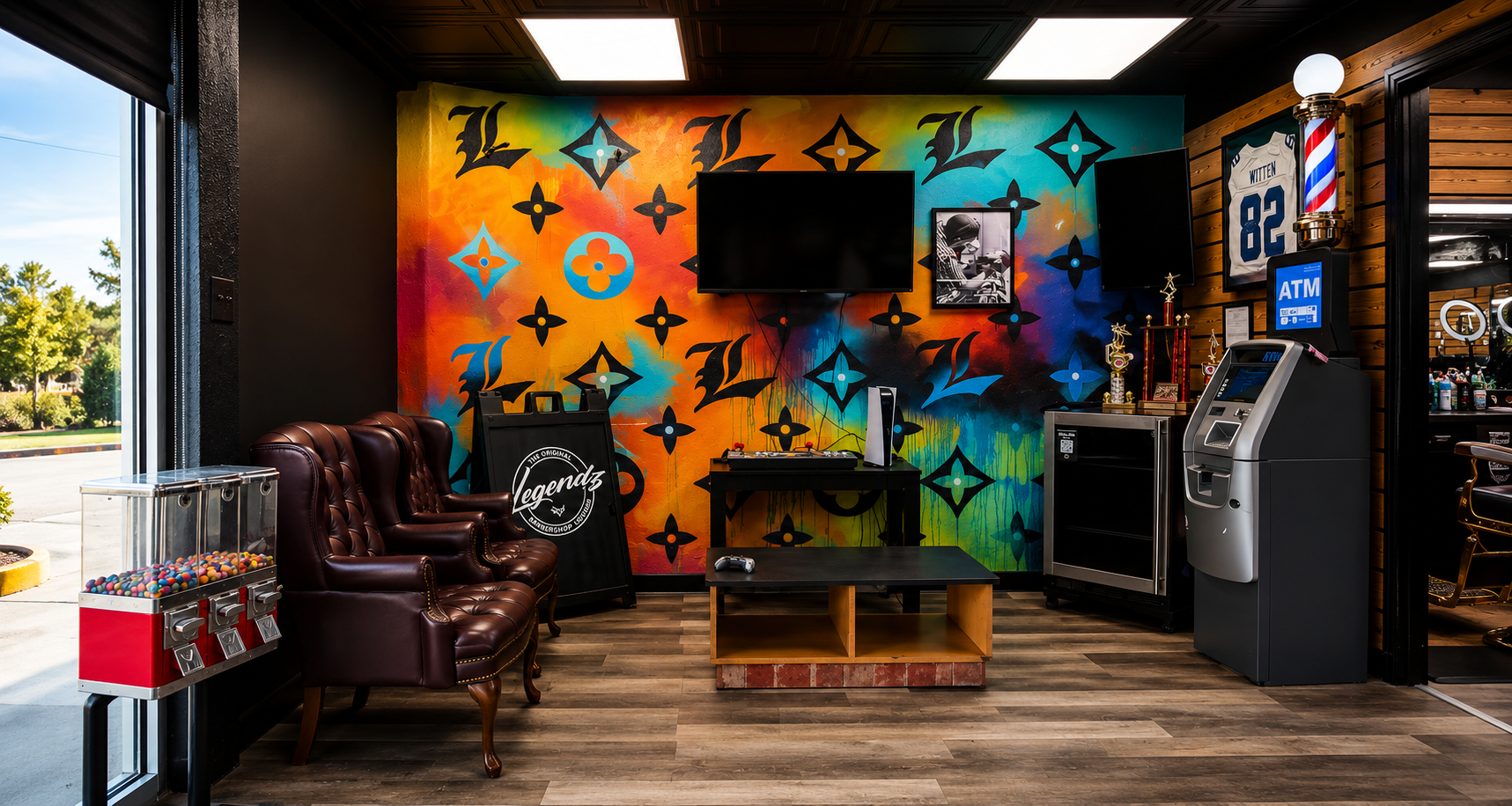 Colorful game wall with TV and PlayStation 5 at The Original Legendz Barbershop Lounge